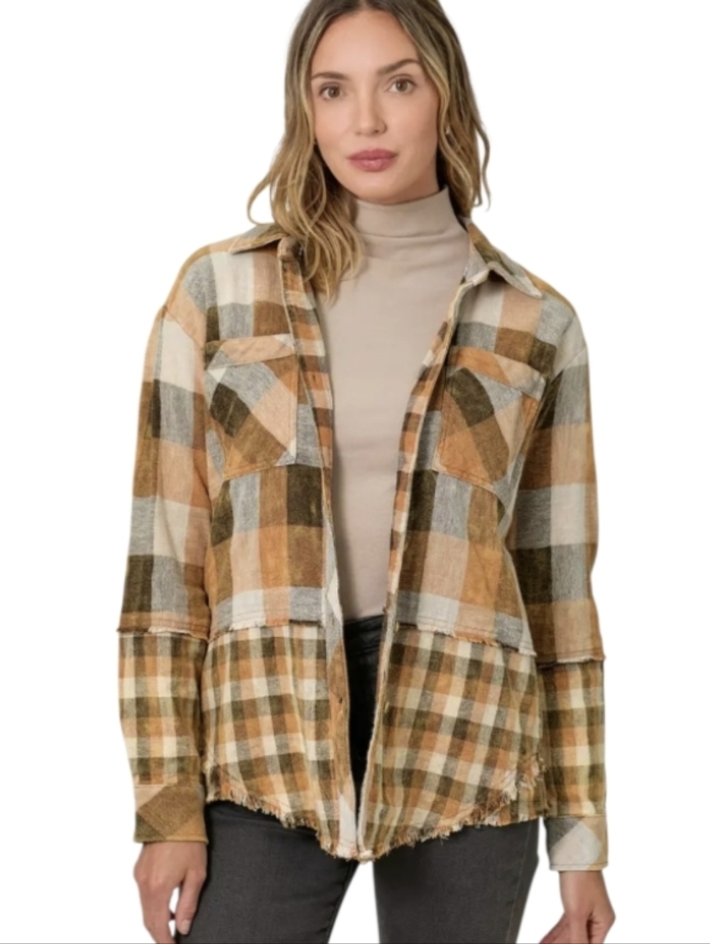 Mystree Plaid Shirt Jacket in Camel, Cream, and Gray Grunge Cabincore Cozy
